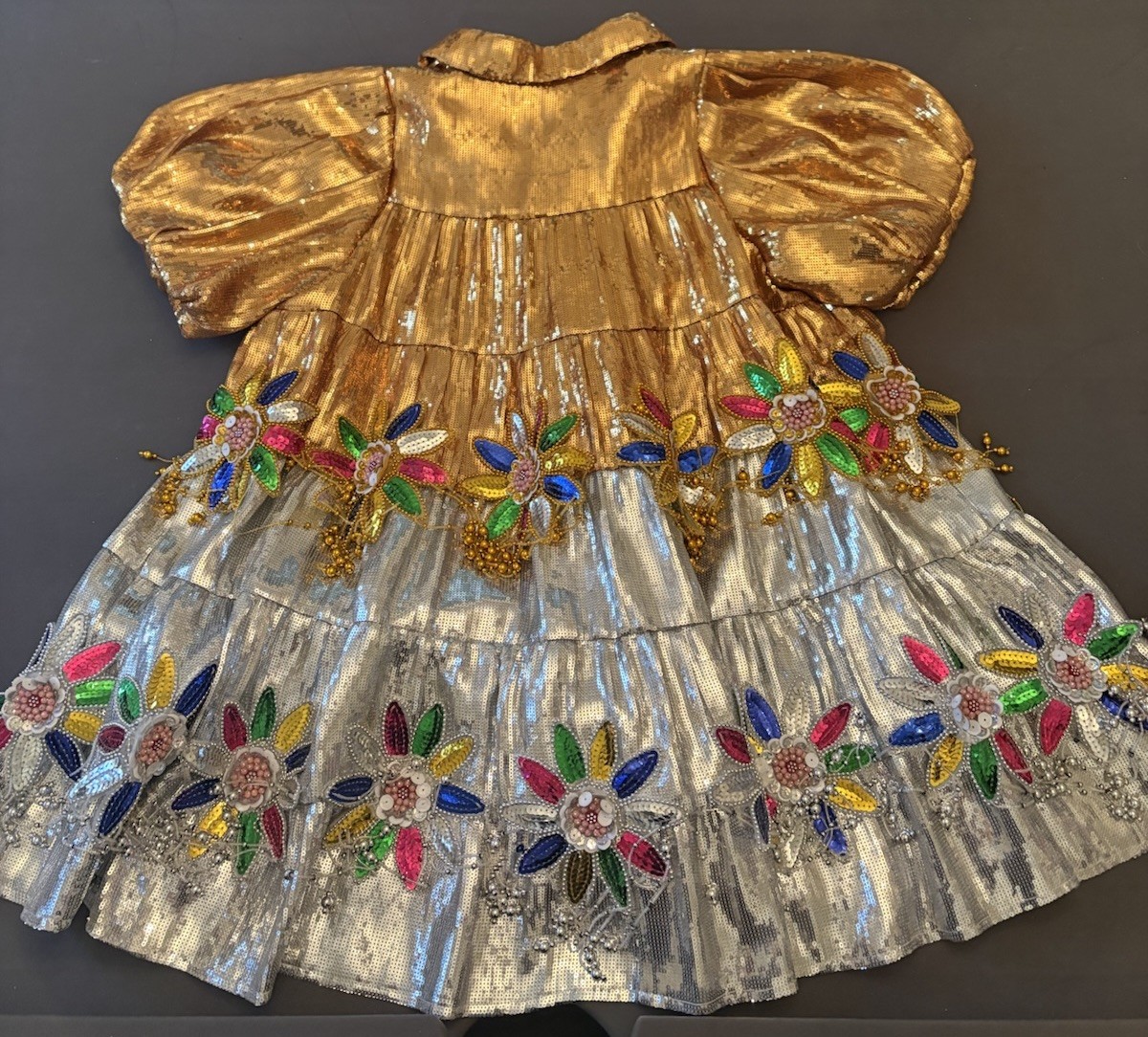 QUEEN OF SPARKLES Gold & Silver Sequin Beaded Puff Sleeve Mini Dress – Size S