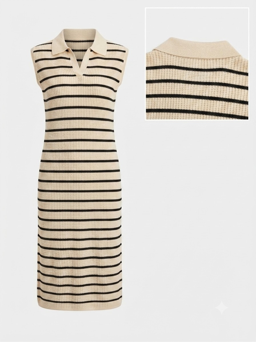 Women’s Sleeveless Knit Midi Dress Cream Black Stripe Collared Casual Size Small