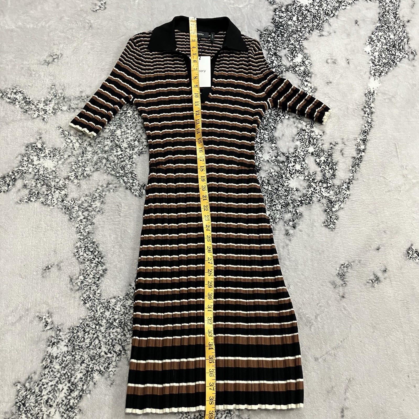 Theory Dress Womens Size M Ribbed Stripe Knit Midi Polo Collar Brown Black NWT