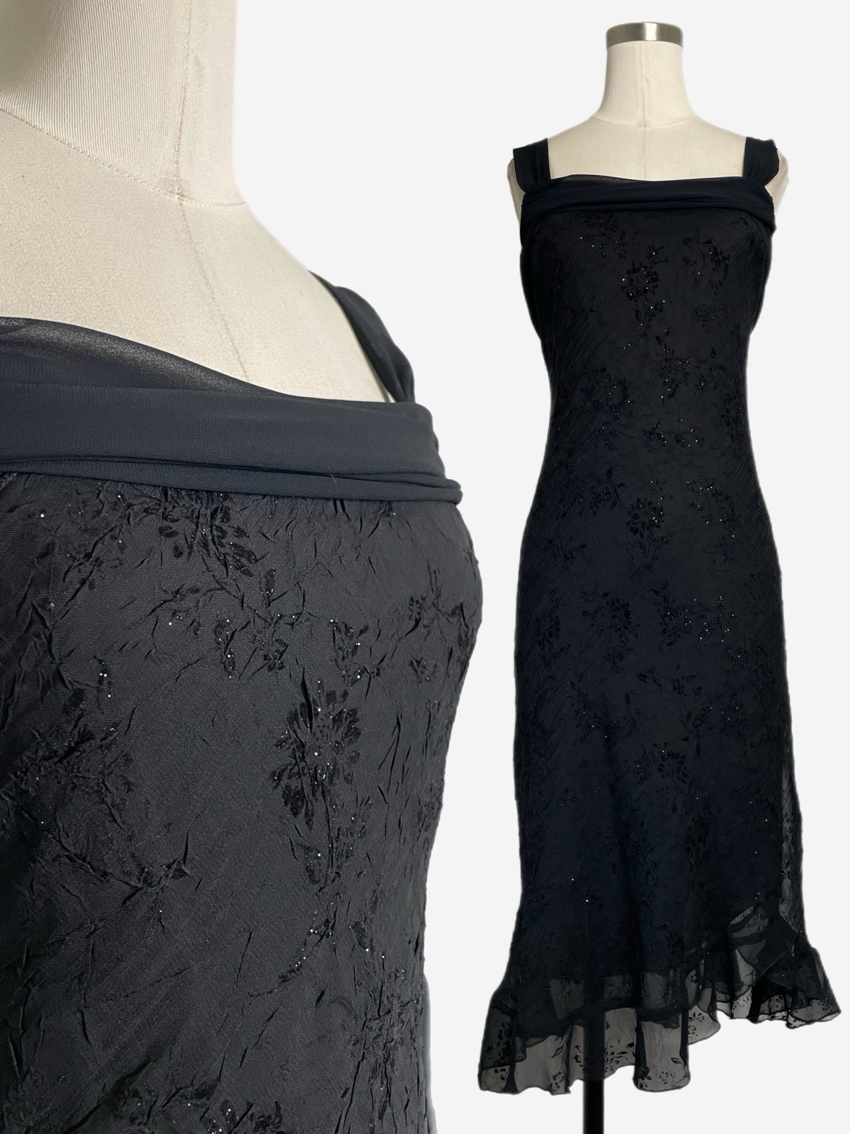 Vintage Y2K CDC Black crinkle velvet floral glitter asymmetric midi dress S