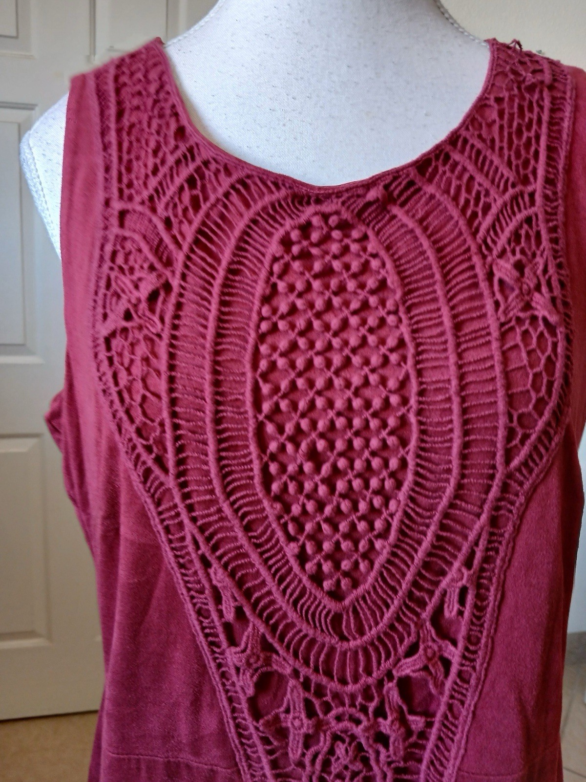 Signature Studio Boho Chic Crochet Wine Red Dress L Fall Winter Festival Style
