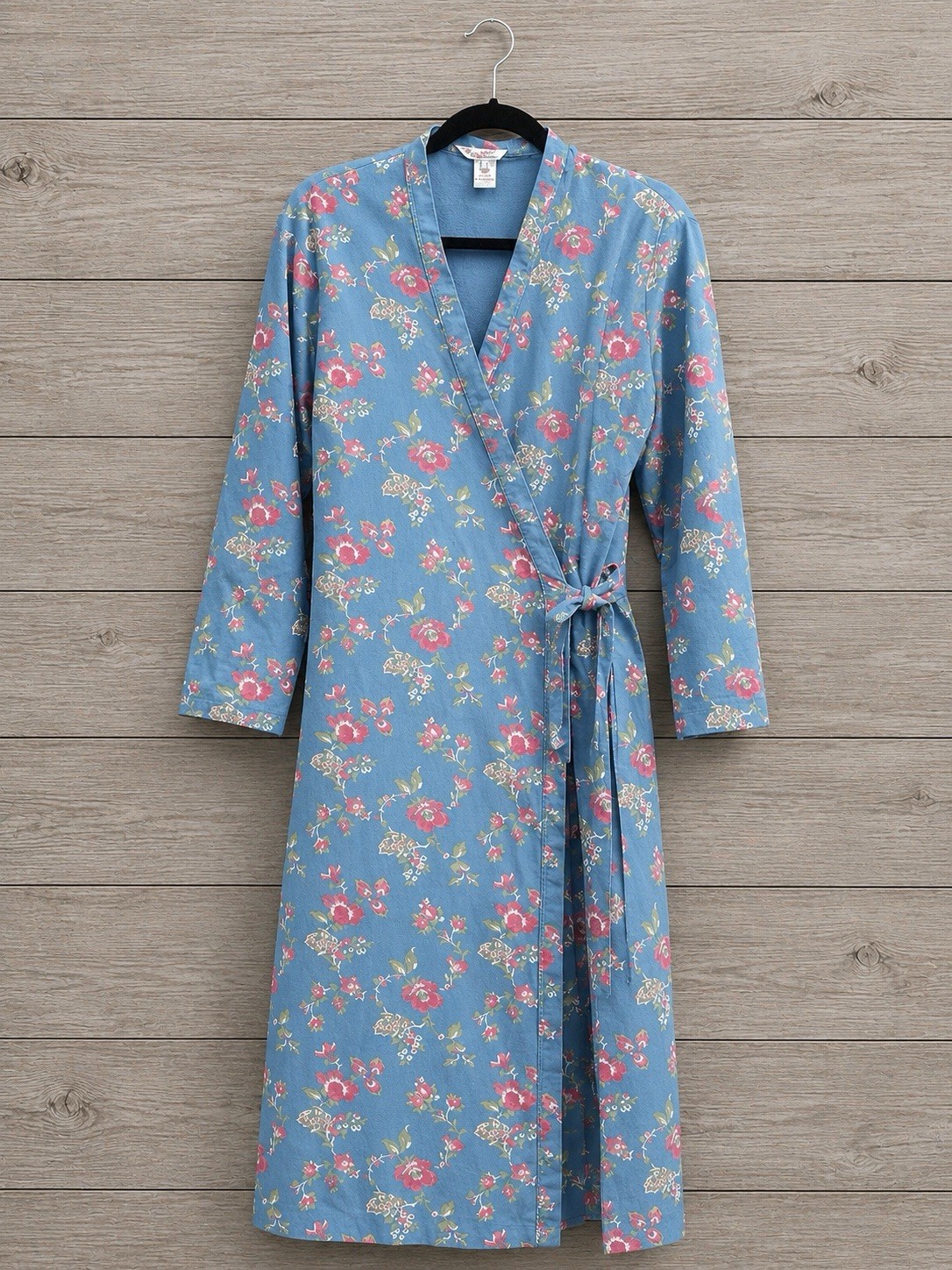 Sundance Blue Floral Wrap Robe Dress Women’s L 100% Cotton Portugal