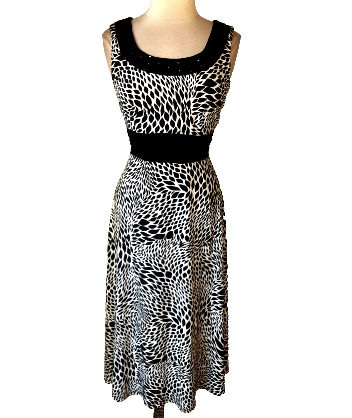NEW PERCEPTIONS Sz 14 A-Line Dress Black White Sparkles Sleeveless Midi Stretch