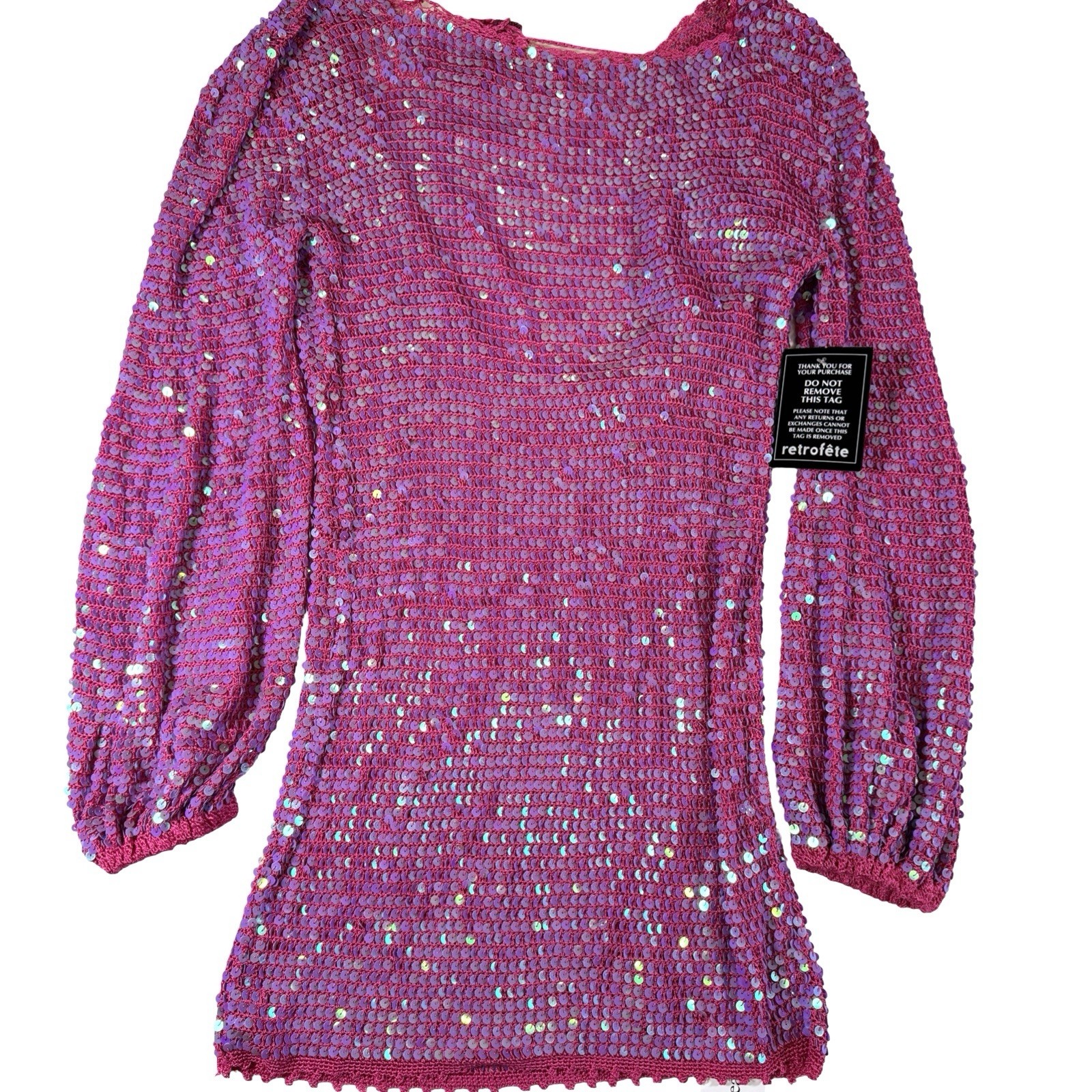 Retrofête Tara Sequin Crochet Mini Dress Iridescent Pink Size M/L NWT Barbiecore