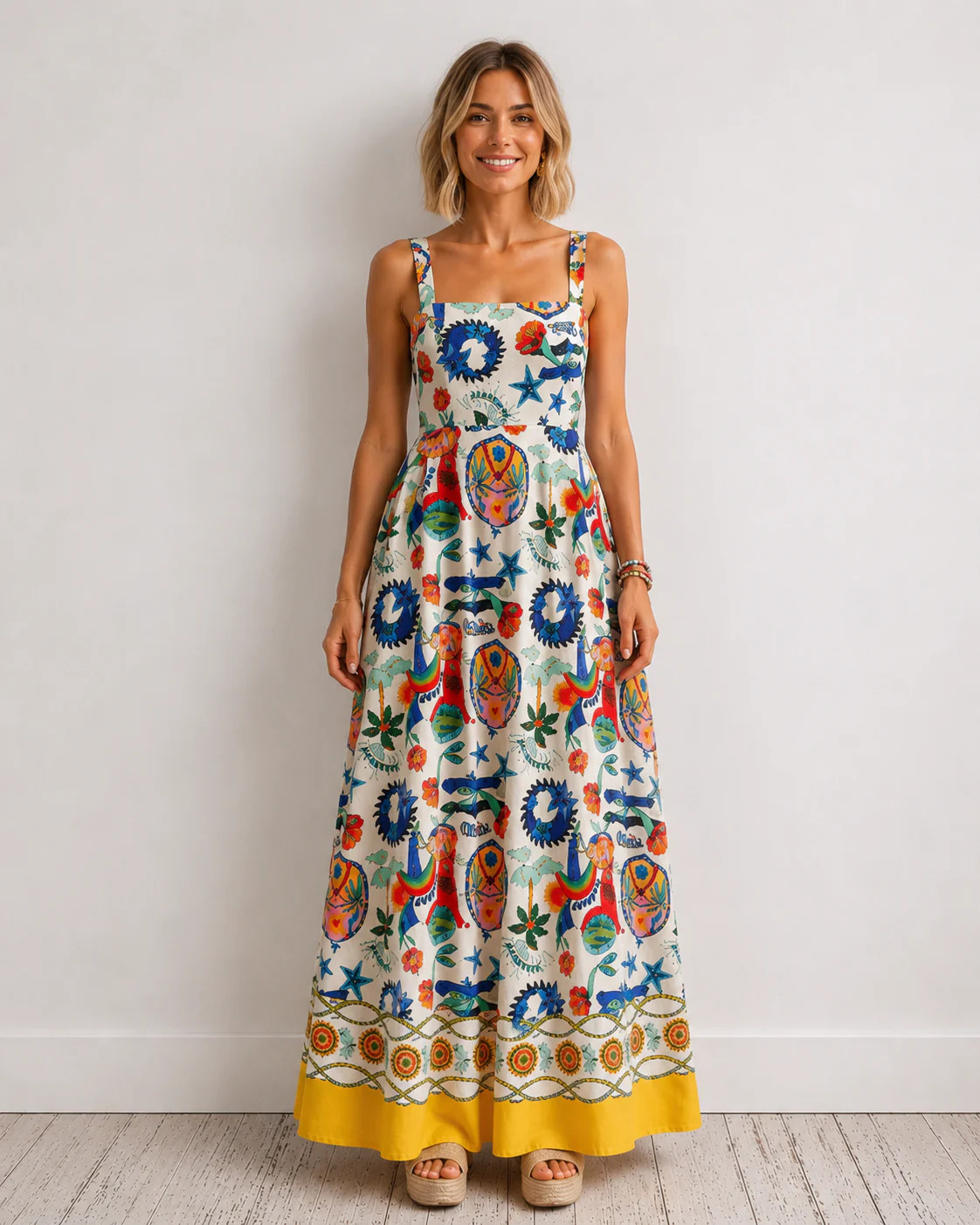 Boho Colorful Print Maxi Dress Square Neck Resort Vacation Style