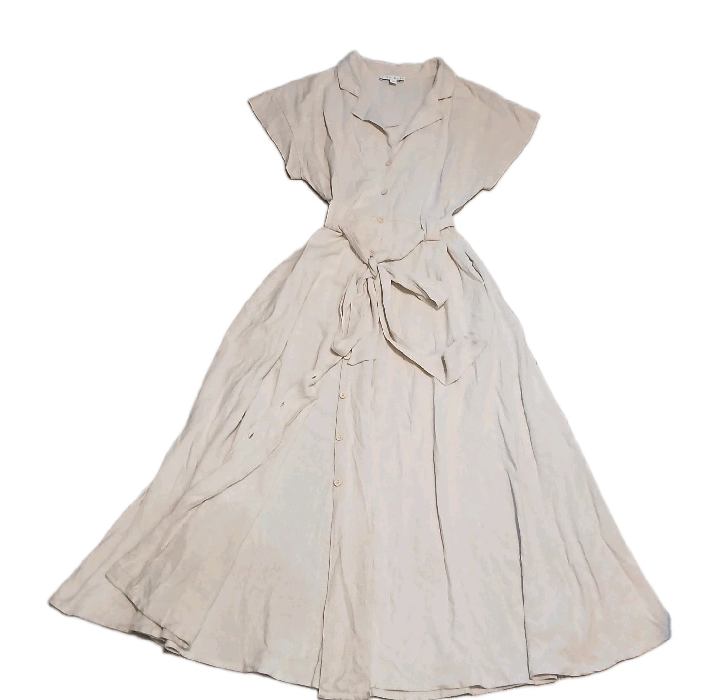 Miou Muse Linen Blend Button Front Midi Shirt Dress Oat Colorway Med Breathable