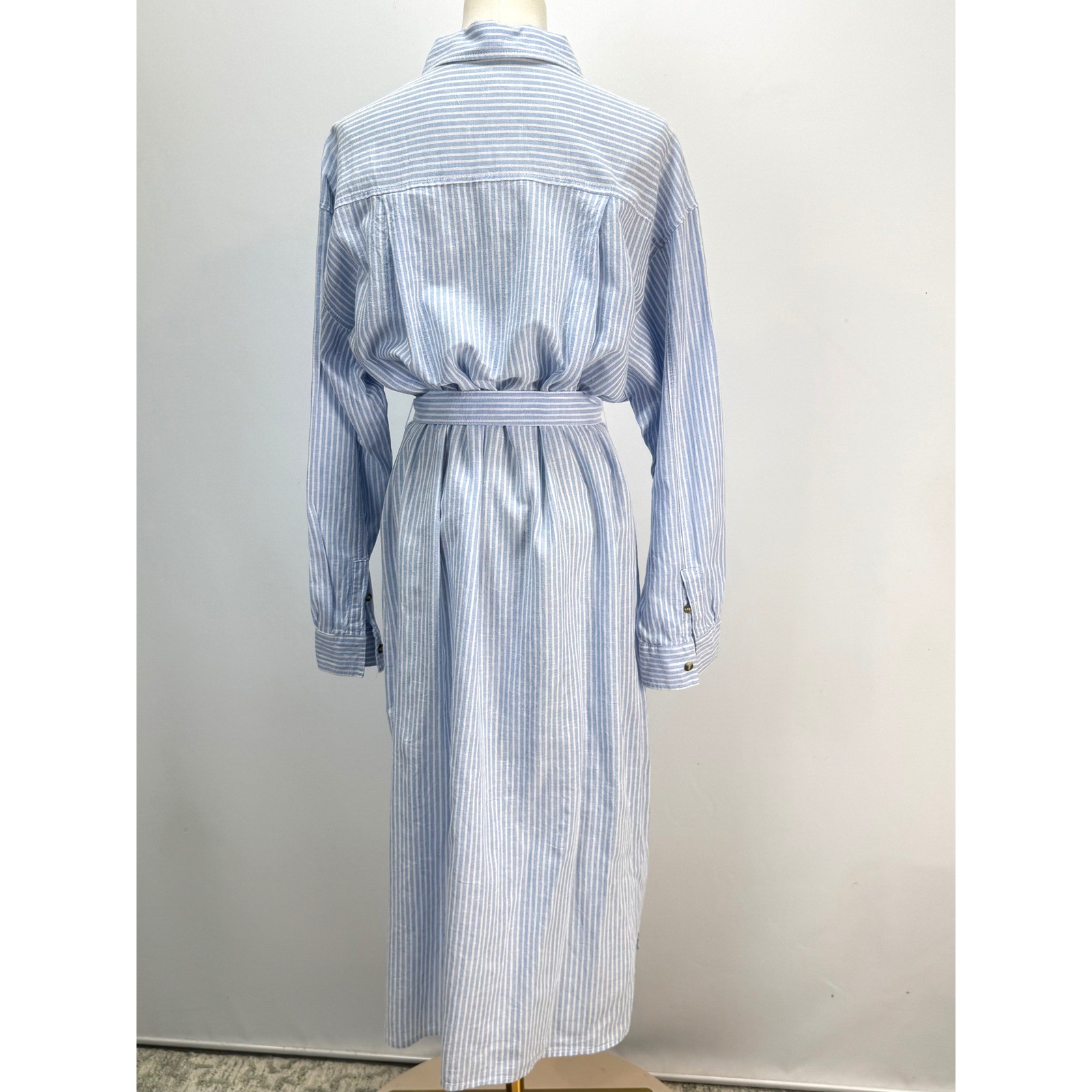 H&M Light Blue White Striped Button Down Midi Shirt Dress with Tie Waist Belt