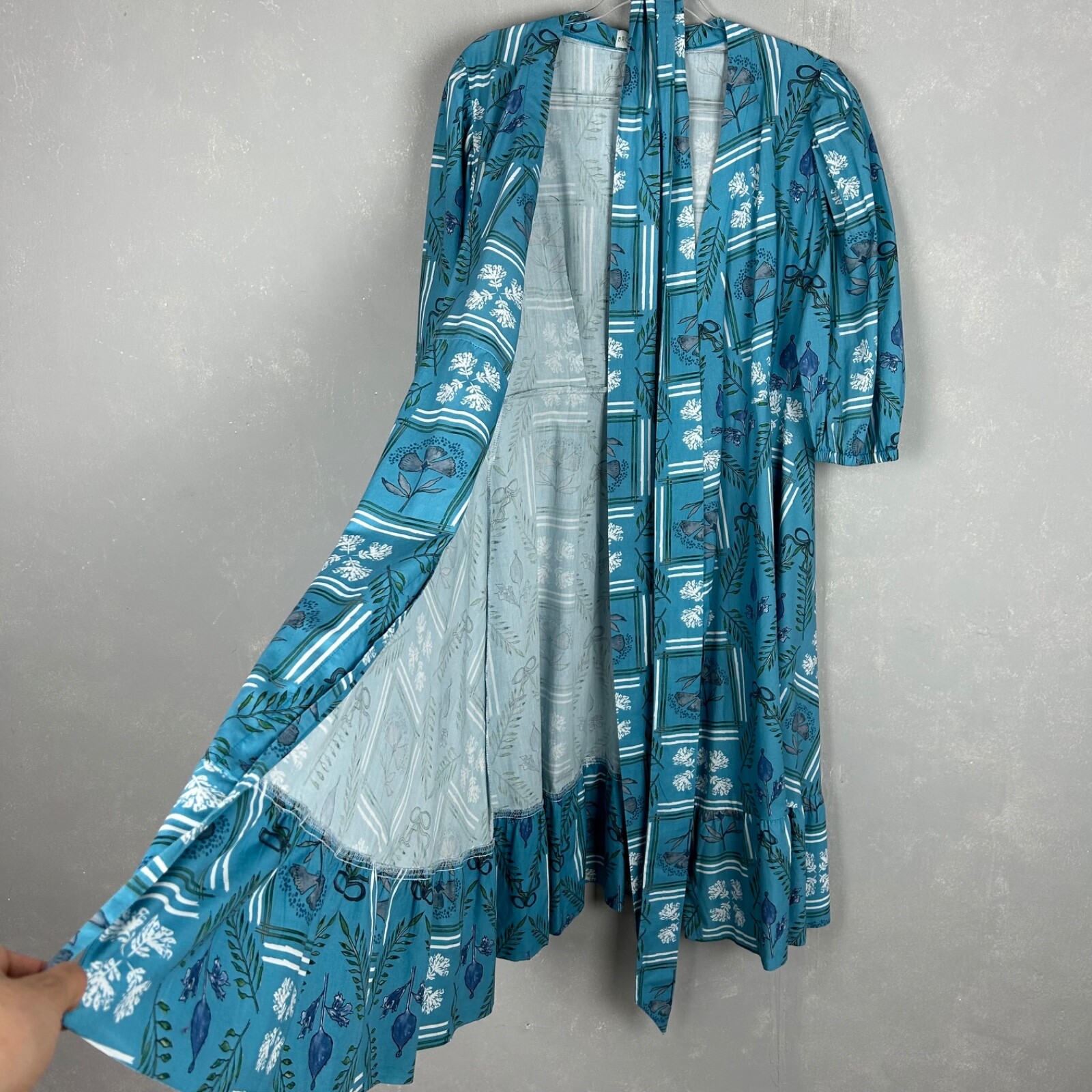 Brooke Wright size L Kitty midi wrap dress blue botanical floral linen cotton