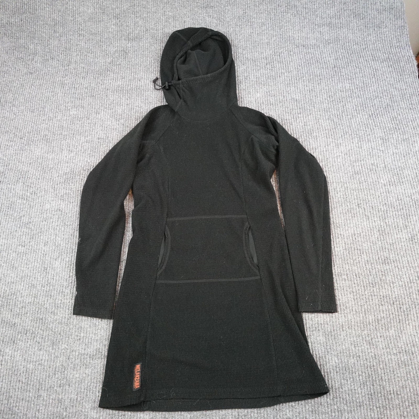 Melanzana Sweater Dress Womens Small Black Micro Grid Hooded Fleece Pocket
