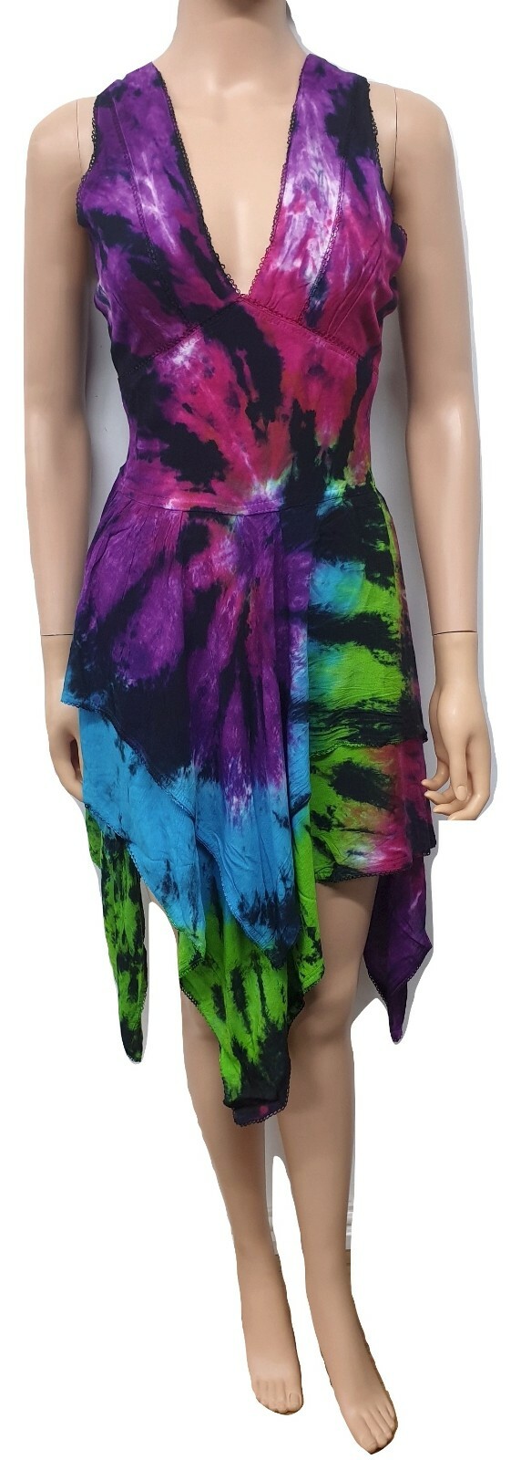 Boho Dress Tie Dye Summer Pixie Asymmetric Flowy Rayon One Size 8 10 12 14