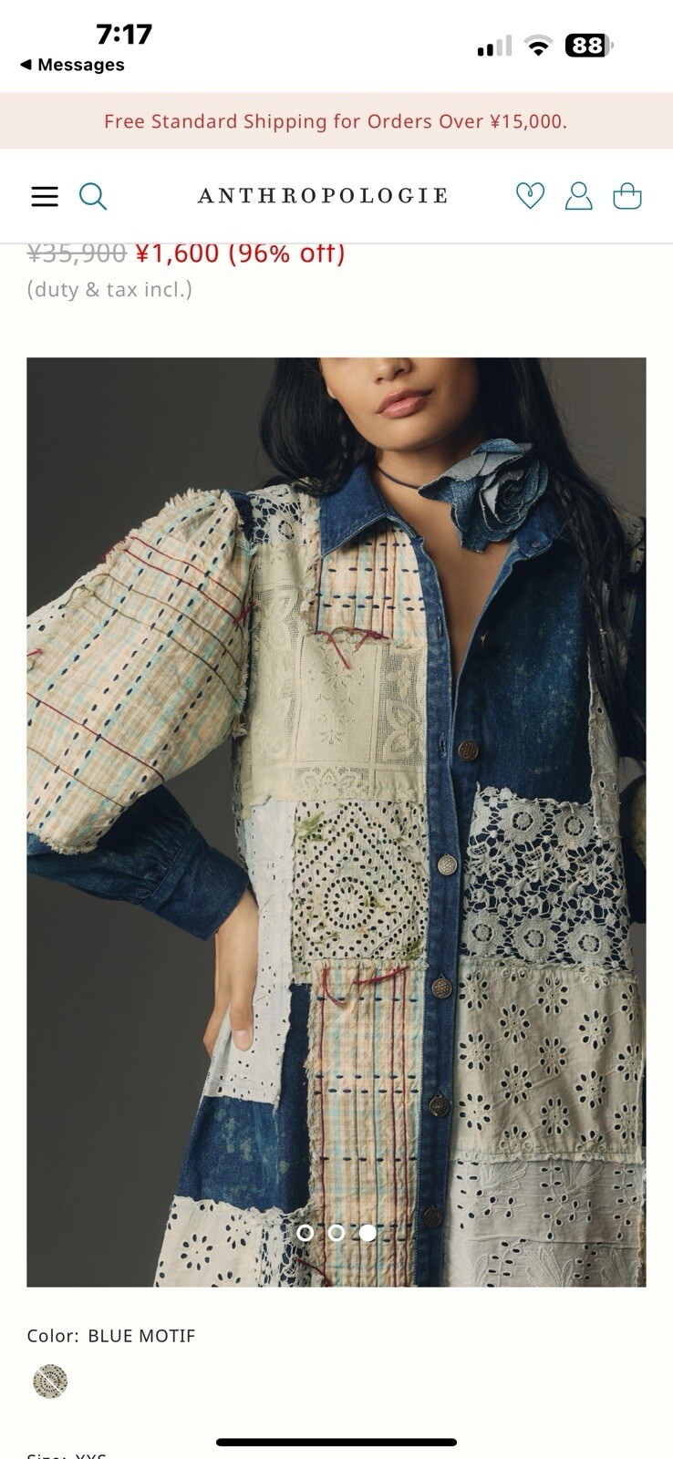 Anthropologie Let Me Be Denim Patchwork Shirt Dress Coat Lace Blue Motif S NEW