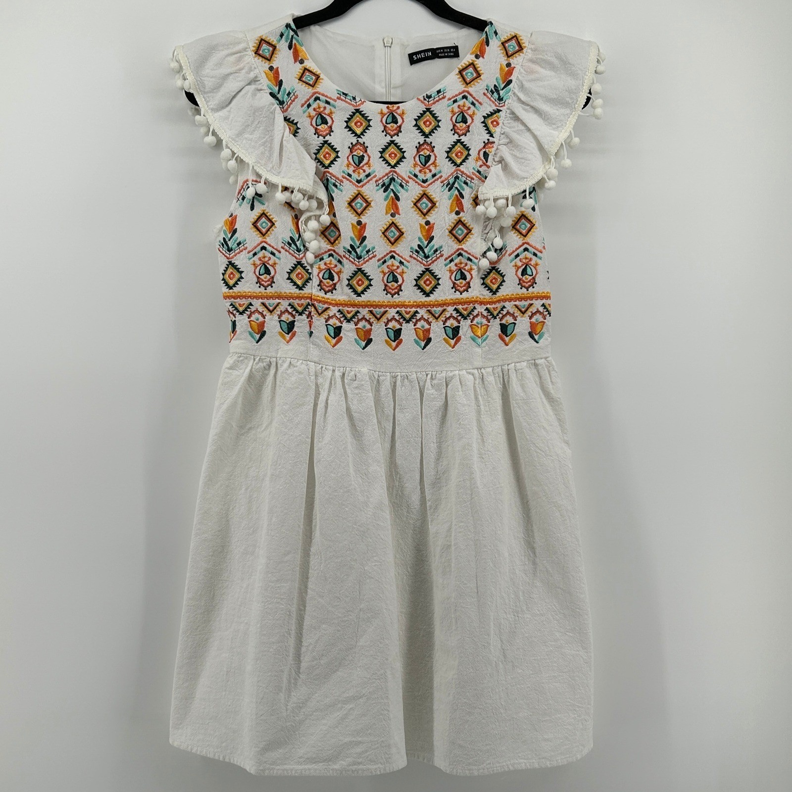 SHEIN White Colorful Embroidered Pom Pom Ruffle Mini Dress Cotton Med Boho Aztec