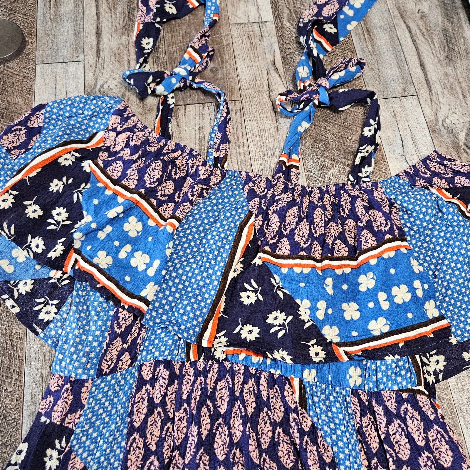 Evans Patchwork Maxi Dress 14 Sundress Floral Ruffle Patriotic Cottagecore XL