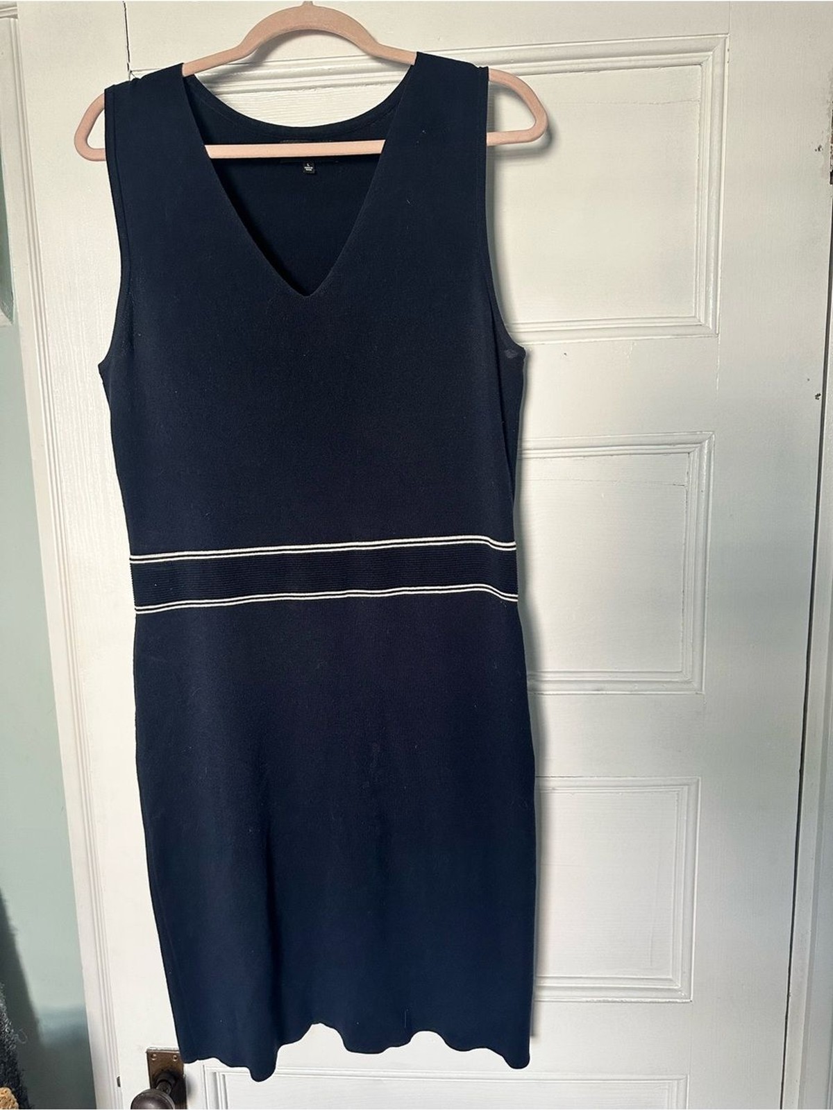Jones New York Navy Blue Knit Sleeveless V-Neck Striped Dress L