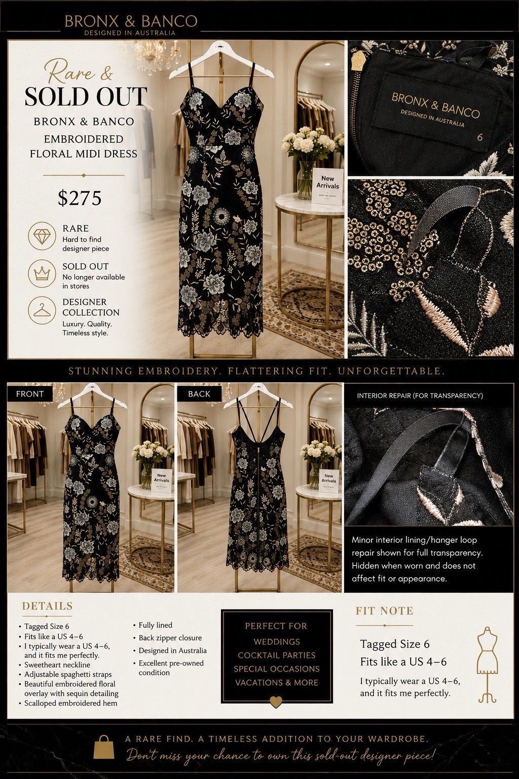 Bronx & Banco Black Floral Embroidered Midi Dress 6 Sweetheart Spaghetti Lined