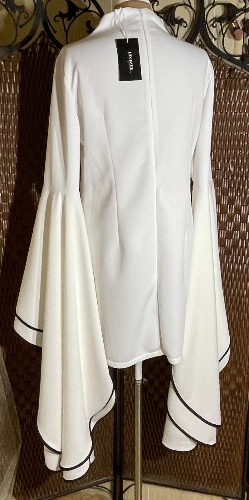 Sz Large Flared LONG Sleeves Goddess White Stand up Collar Mini Dress
