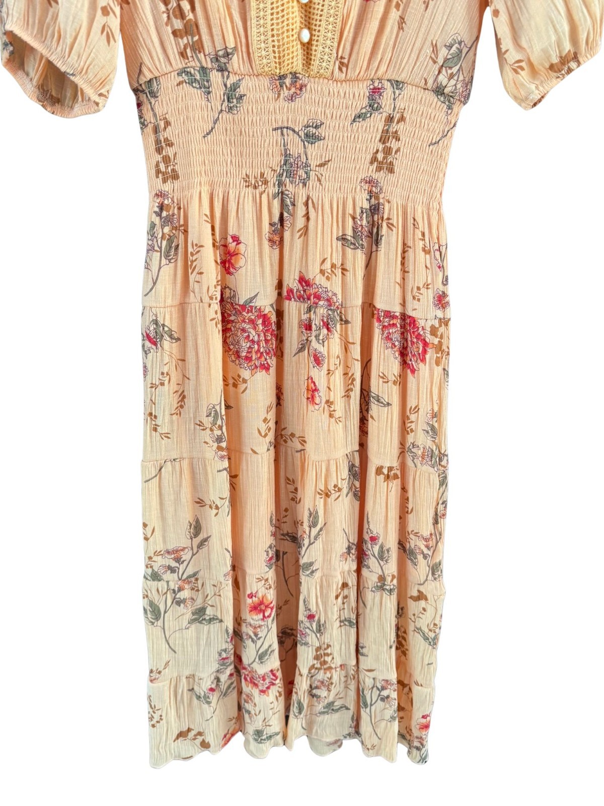 Boho Cottagecore Floral Midi Dress Smocked Waist Puff Sleeve Mustard M