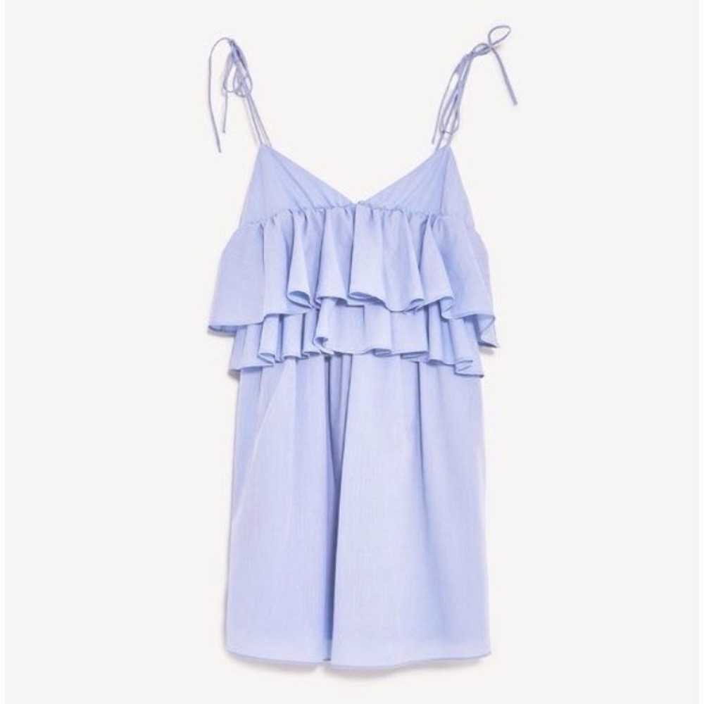 NWOT Zara Trafaluc Blue Tiered Ruffle Mini Dress Womens Tie Shoulder Pockets SzL