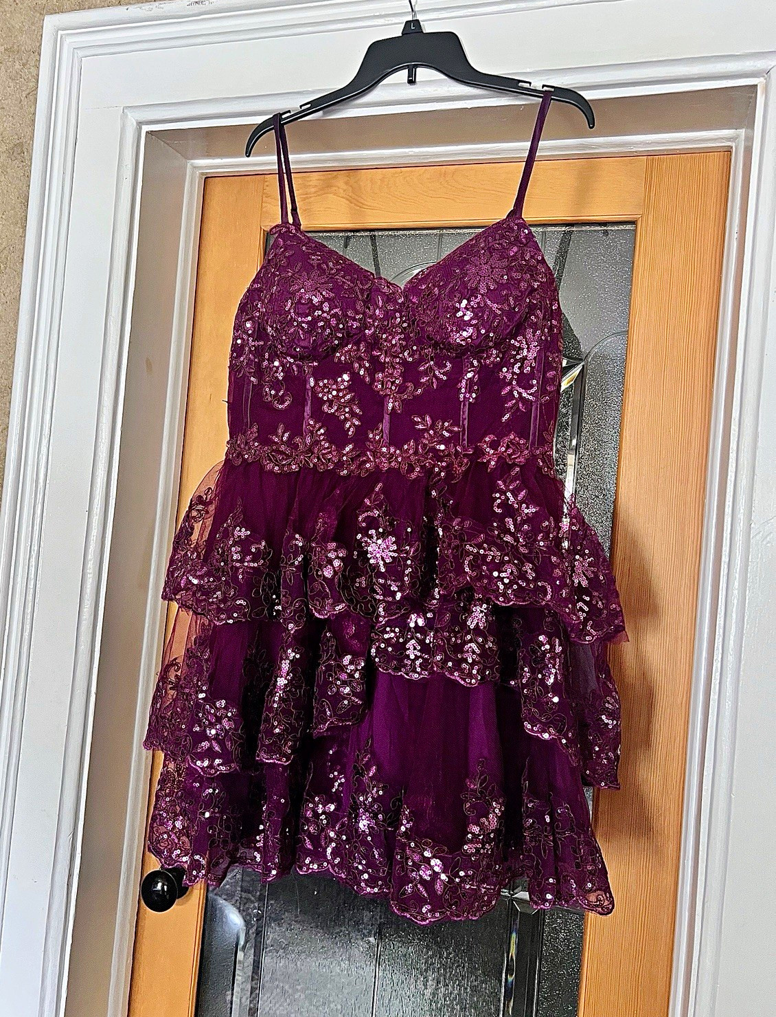 Women’s Purple Floral Sequin Layered Fit & Flare Short V-Neck Dress Size 16