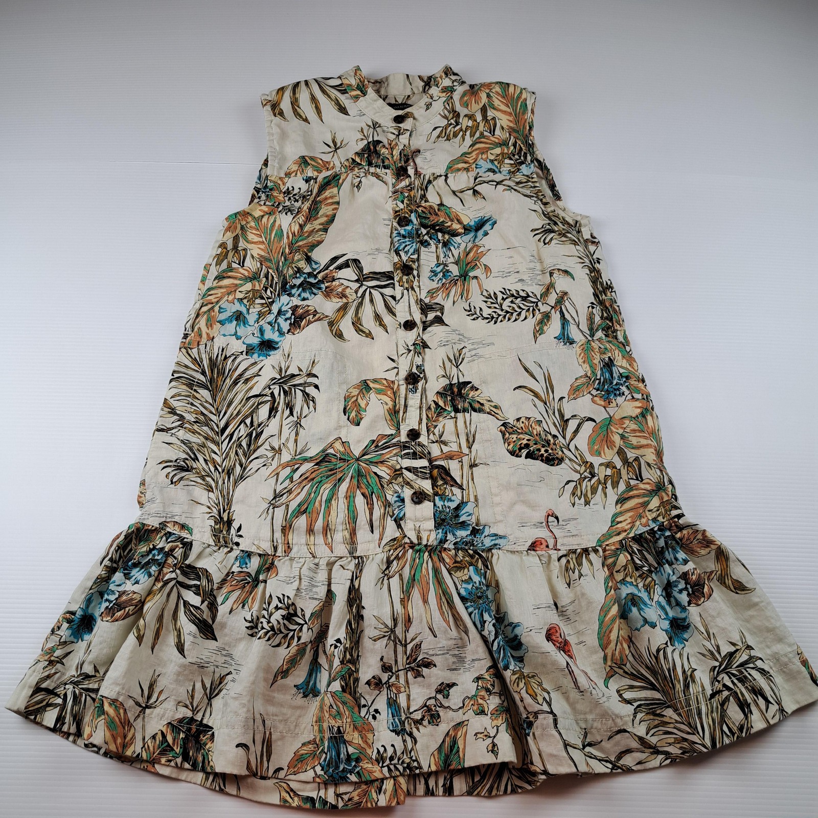 Banana Republic Dress Womens Medium Beige 100% Linen Tropical Floral Shirt Swing