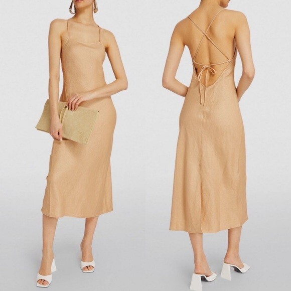 Remain Birger Christensen Linen Maxi Dress Nude Flax Size 4 Maxi Square Neck Tan