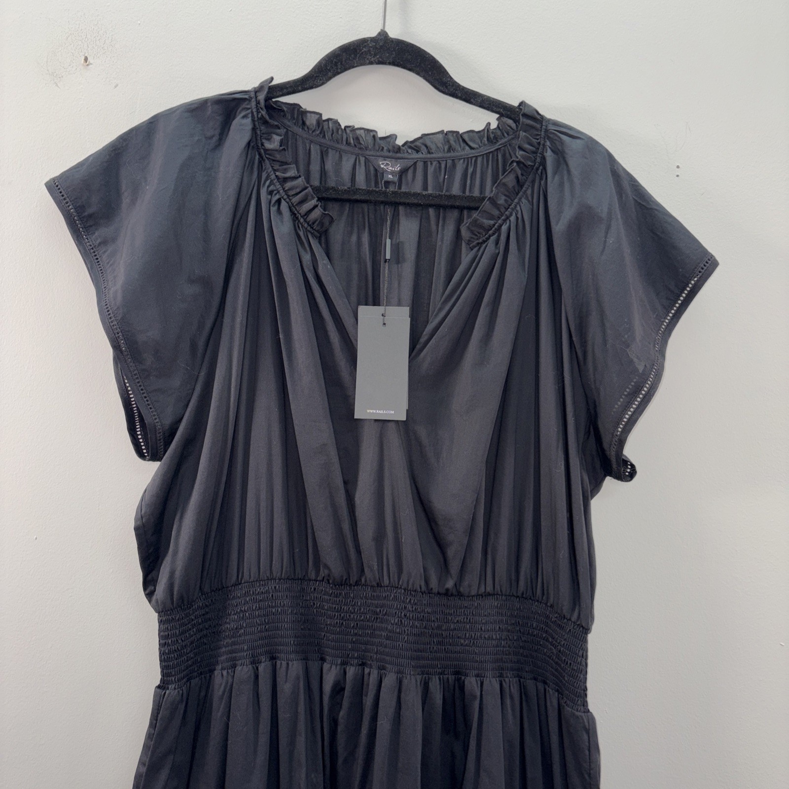 Rails Wowens XL Clementine Embroidered Midi-Dress black Smocked 100% Cotton NWT