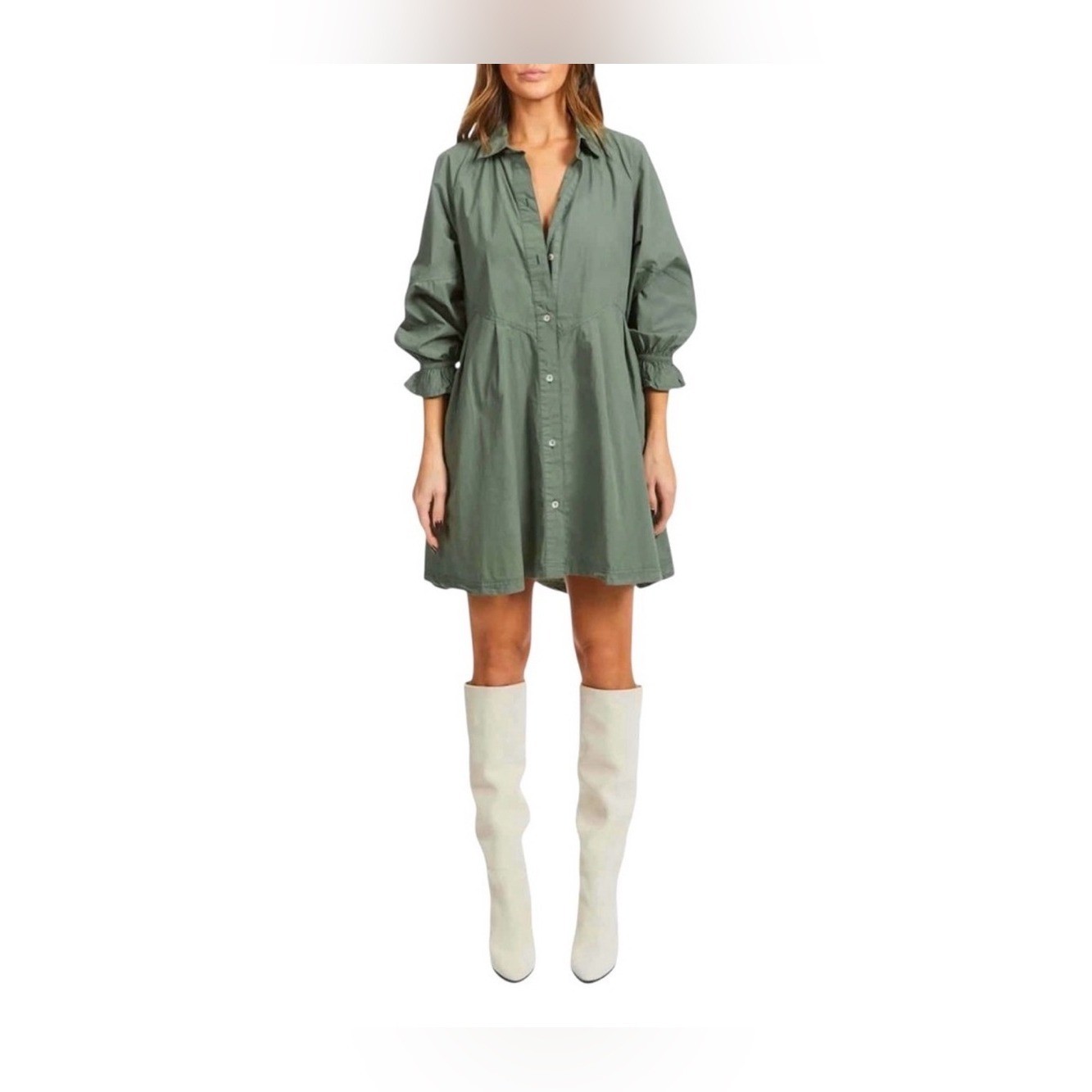 Free People NWT Hannah Poplin Dress Army Green Blouson Ruffle Sleeve Shirttail