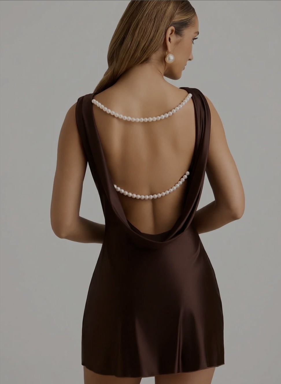 Oh Polly Monnie Draped Open-Back A-Line Mini Dress in Chocolate Brown S