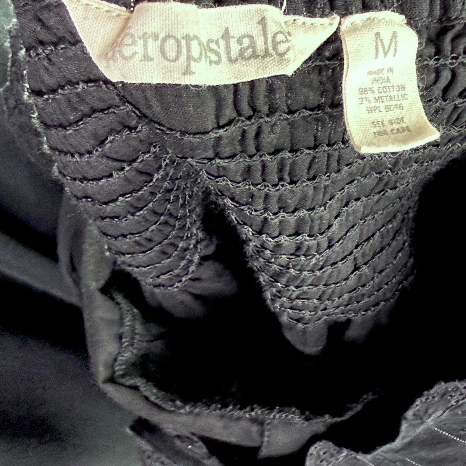 Aeropostale Dress Womens Medium Black Metallic Pinstripe Smocked Babydoll Mini