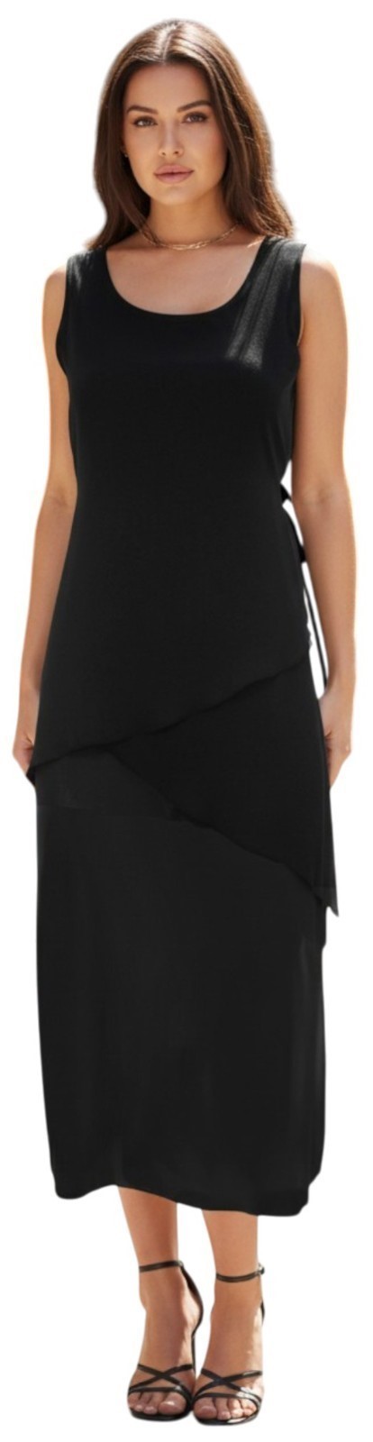 Ladies Black 3 Tier Triple Layer Chiffon Georgette Ties On Back Pencil Dress