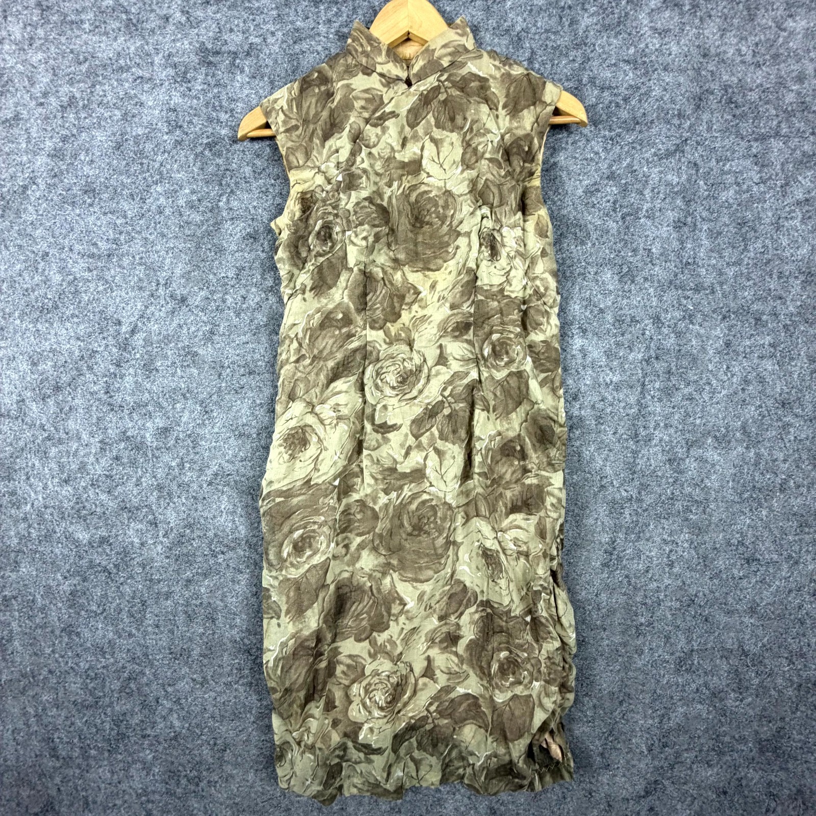 Women’s Cheongsam Dress XS Beige Floral Sleeveless Mandarin Collar Pullover