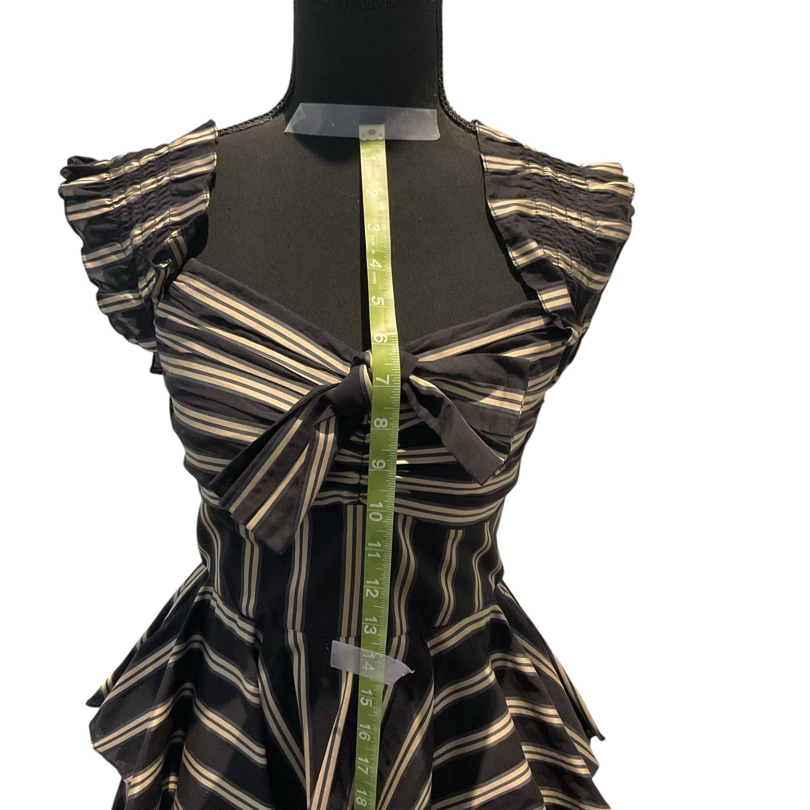Caroline Constas Tiered High- Low Layered Dress Striped Bow Ruffle Brown Small