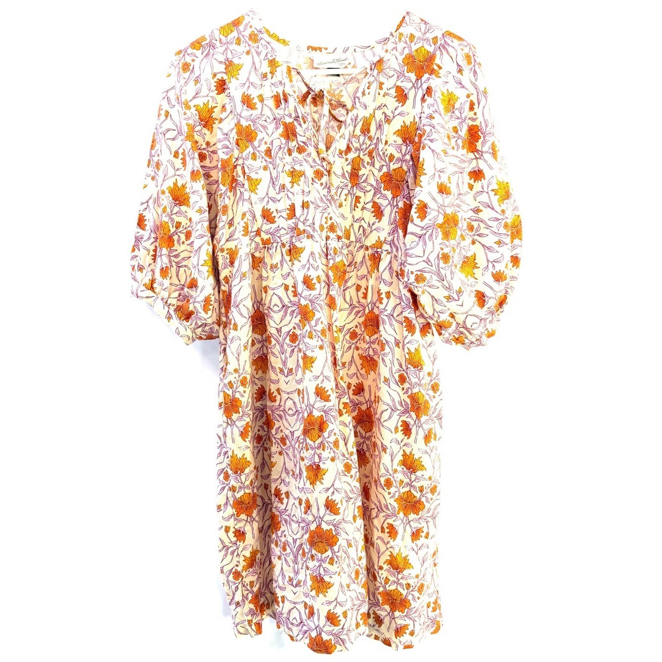 Floral Cotton Indian Block Print Fabric Mini Dress in Peach, Size XS-M