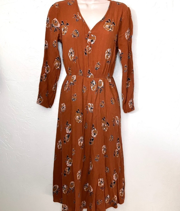 French Grey Stitchfix Brown Floral Cottagecore Midi Dress Crinkle Size Small
