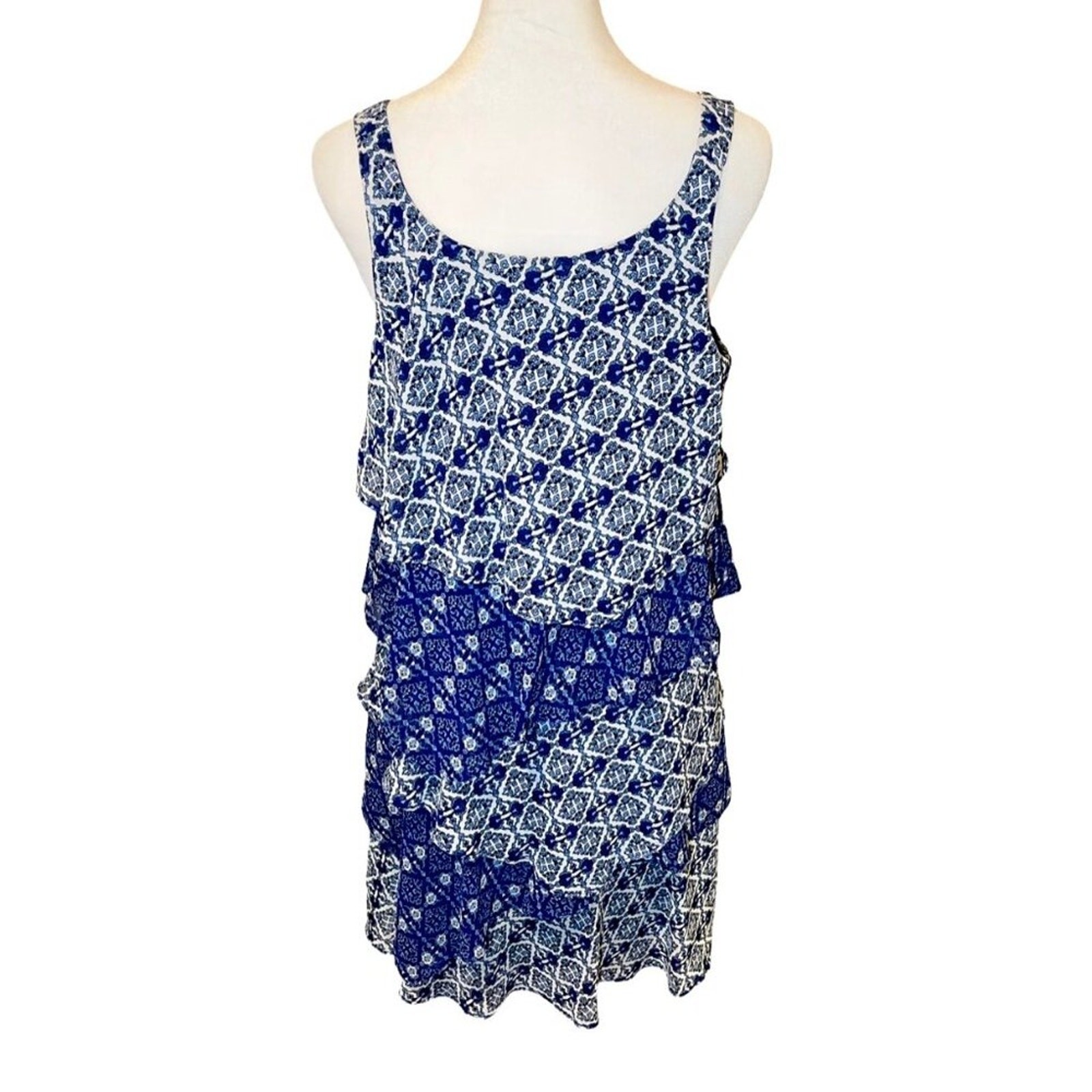 ‘Bethany’ Vintage 90s Ruffle Tiered Blue and White Print Slip On Dress Size 6P