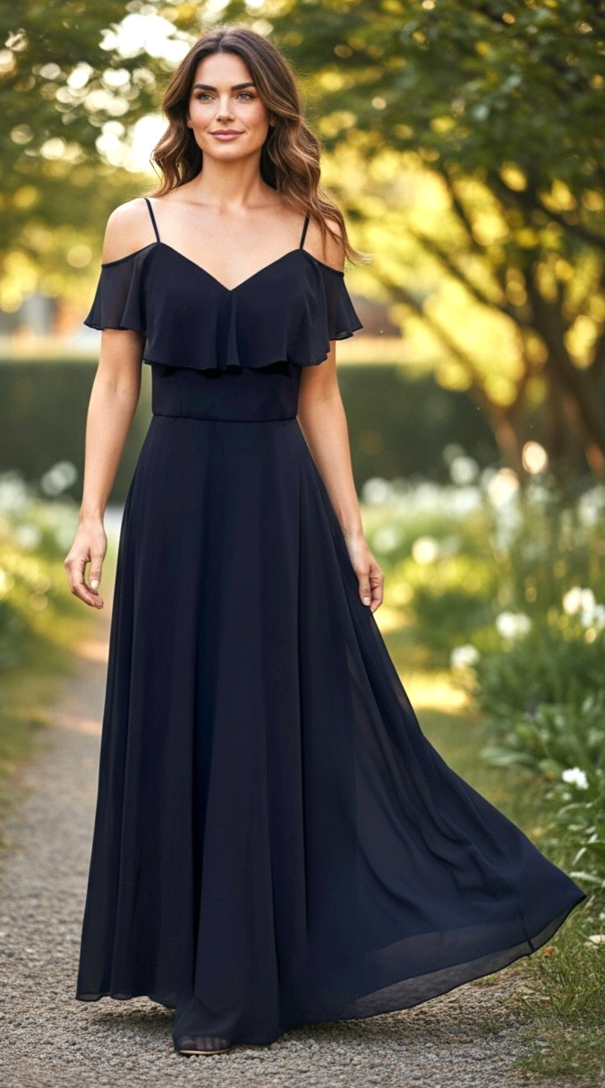Morilee Madeline Gardner Navy Blue Chiffon Cold Shoulder Ruffle Long Formal Sz10