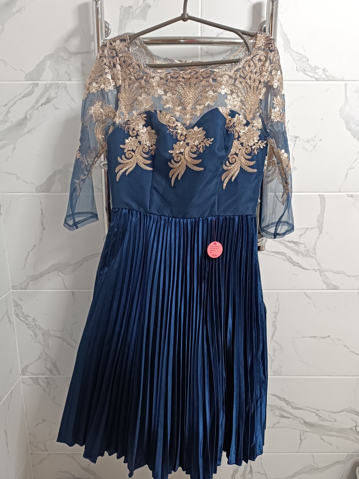 Chi Chi London Lula Dress Size UK 12 Navy Rose Gold Embroidered Pleated Midi