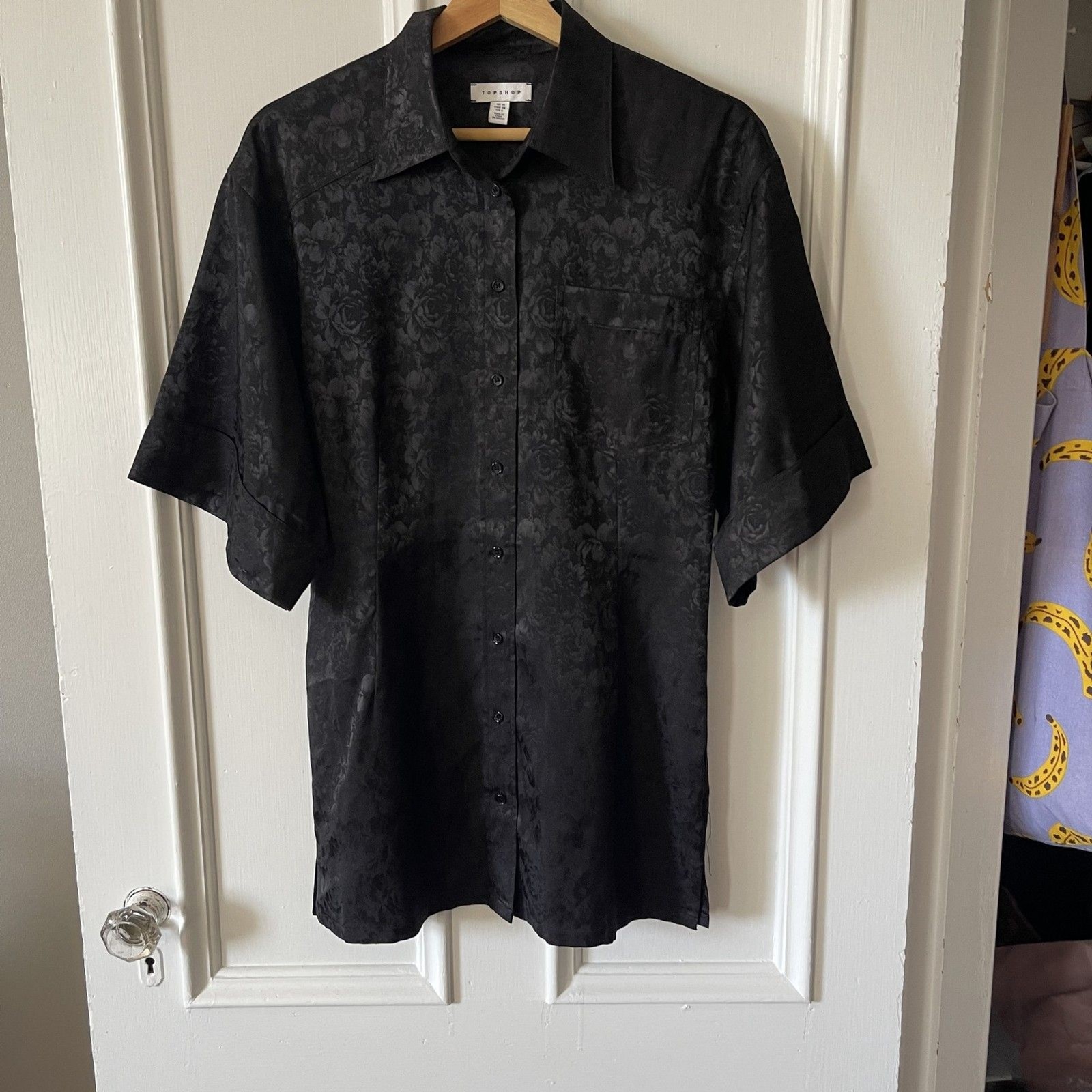 Topshop Black Silky Floral Toile Mini Shirt Dress Size 6