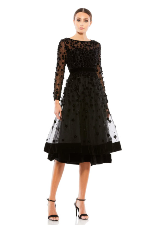 MAC DUGGAL 67007D Black Floral 3D Luxe Velvet Sheer Long Sleeve Tea Dress 10 US