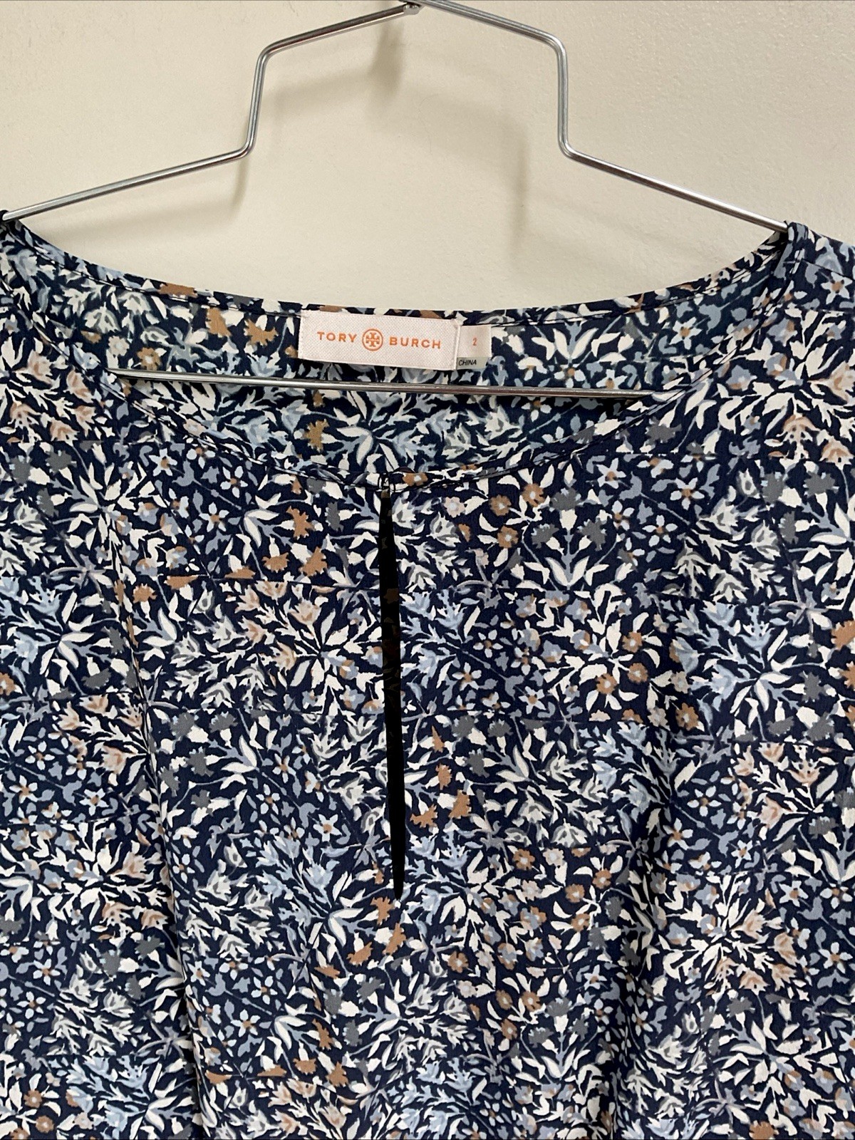 Tory Burch Silk Drop Waist Blue White Brown Floral Women’s Size 2 XS Dress