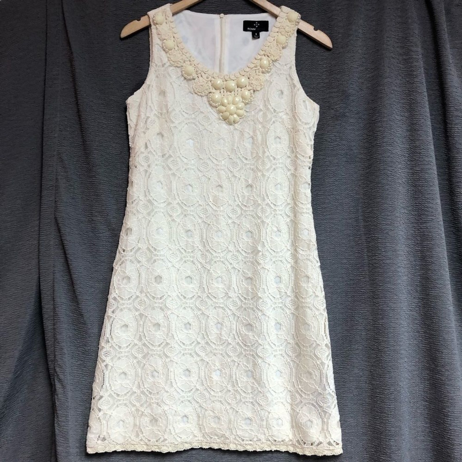 Ronnie Nicole 8 cream dress embellished round neck line with pearls ivory jewel