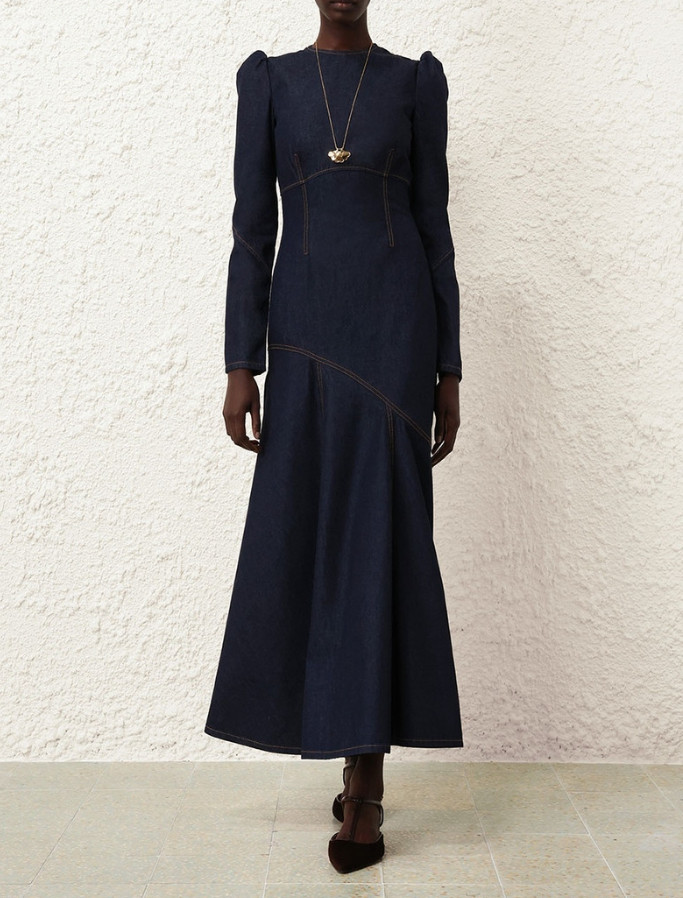 AUTH ZIMMER MANN ILLUSTRATION DENIM MAXI DRESS NIGHT SKY Sz 0