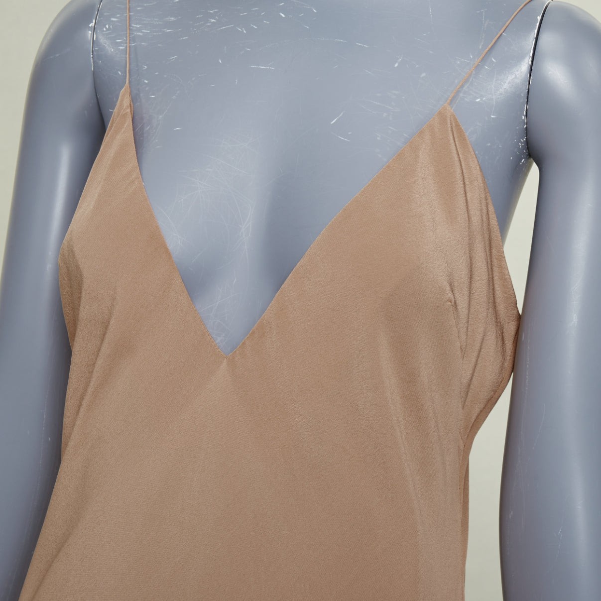 HERMES 100% silk nude spaghetti strap plunging mini slip lining dress FR40 L