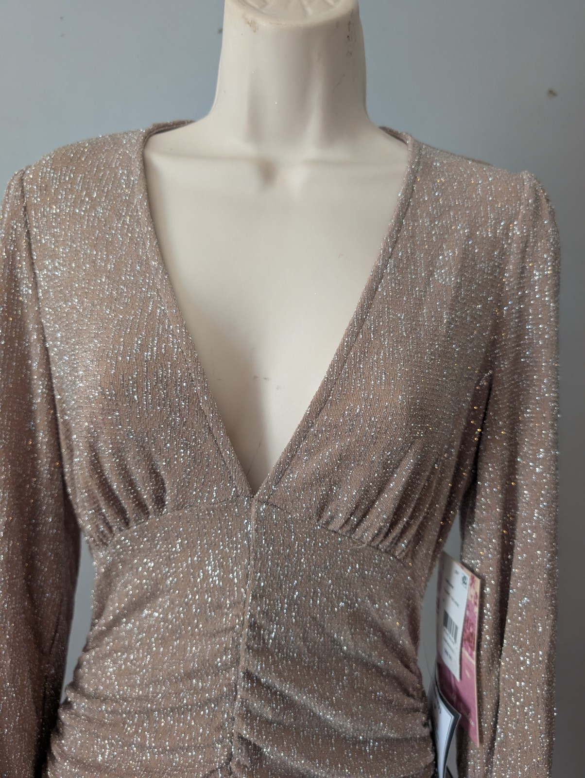 NWT Emerald Sundae Womens Silver Taupe Glitter Draped Front Dress M Ruched