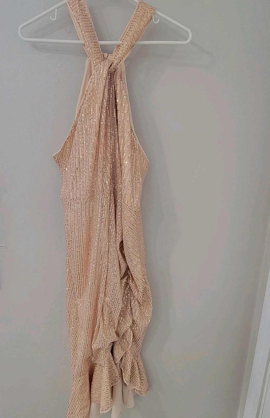 Grace Karin 2XL Blush Rose Gold Sequin Halter Cocktail Dress Ruffle Asym Hem