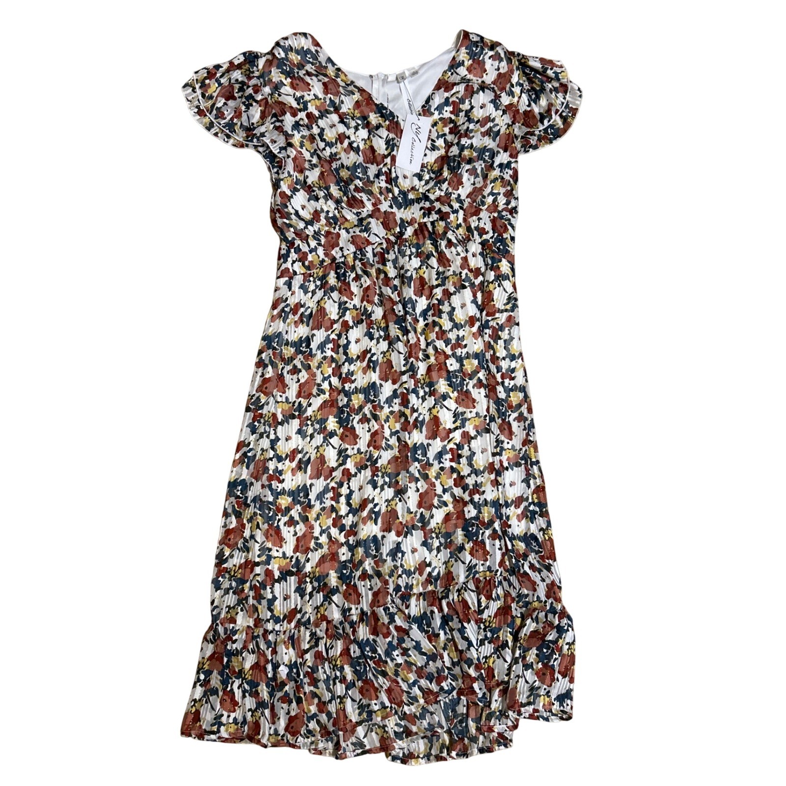 NY Collection Women’s Floral Pleated Midi Dress V-Neck Flutter Sleeve Medium