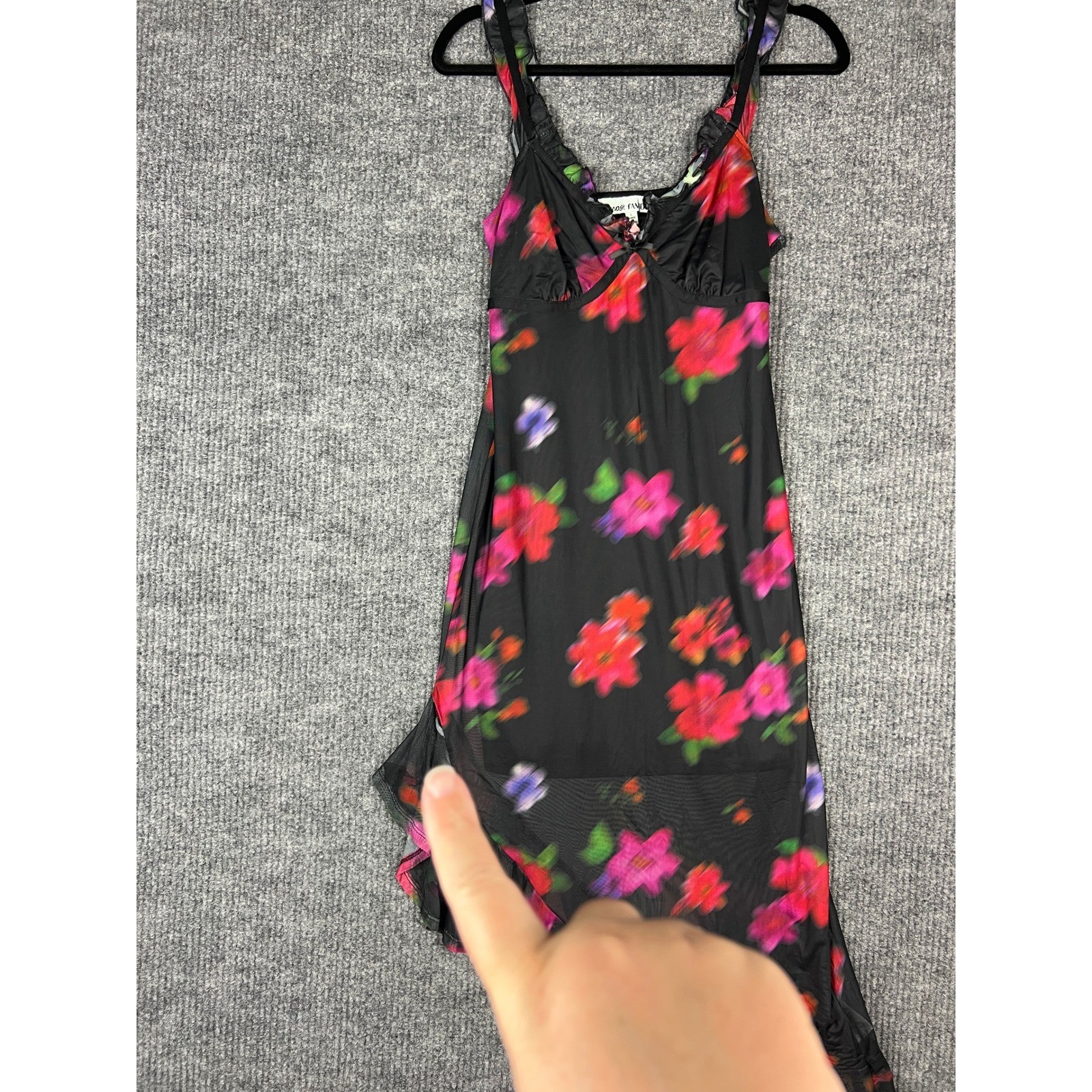 Almost Famous Whimsy Goth Floral Dress Y2K Fairycore Black Mesh Large