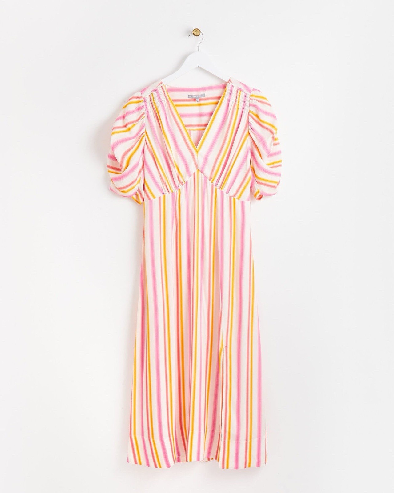 Oliver Bonas Women’s Dress Orange & Pink Striped V-Neck Midi Summer Size UK 10