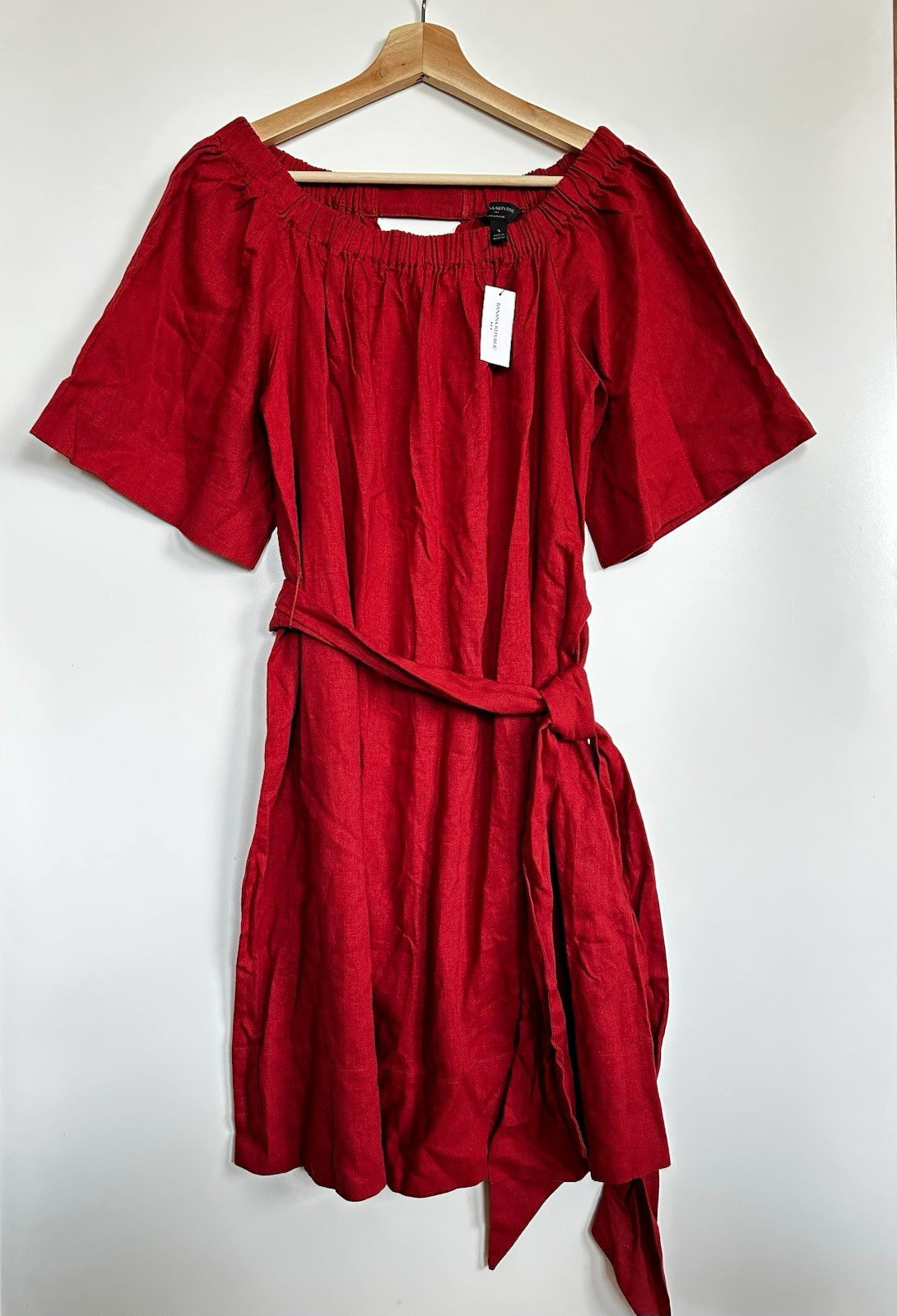 Banana Republic Factory Red Linen Blend Belted Flutter Sleeve Dress NWT S