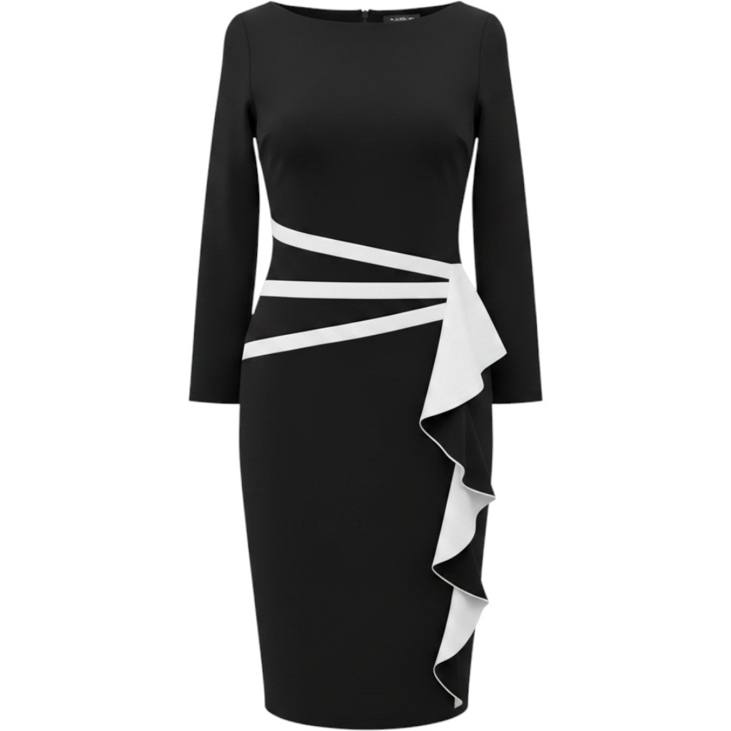 Joseph Ribkoff Black White Ruffle Side Sheath Dress 3/4 Sleeve Size 6 NEW